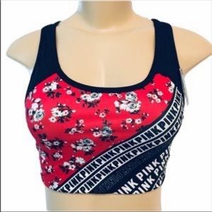 PINK Victoria’s Secret Black & Red Logo Floral Print Sports Bra